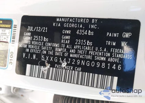 2022 Kia K5 Lxs из США, поврежденный, VIN 5XXG14J29NG098146